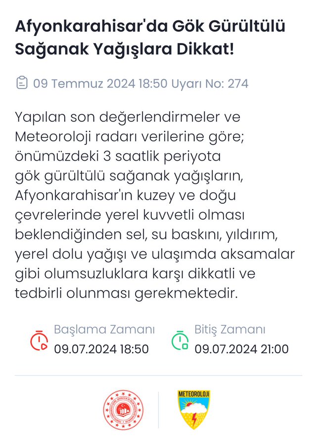 Meteorolojik Uyarı: Afyonkarahisar'da Gök Gürültülü Sağanak Yağış Bekleniyor