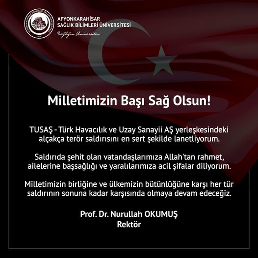 Afyonkarahisar Sağlık Bilimleri Üniversitesi, Başsağlığı Mesajı Yayımladı