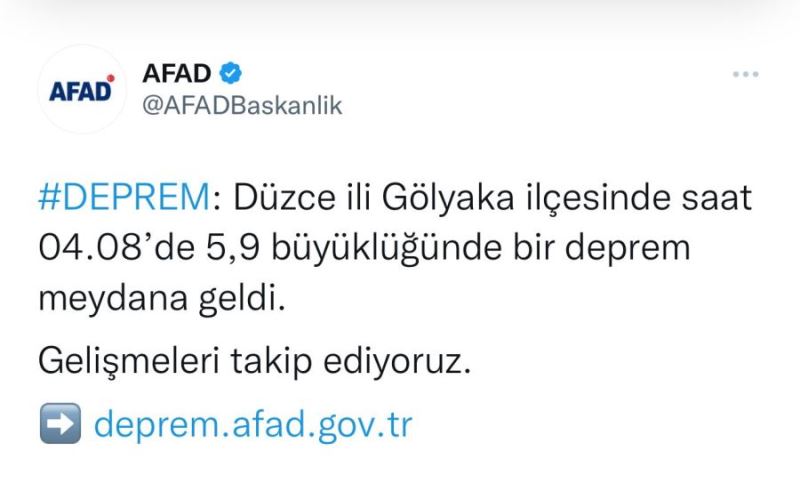 Düzce de 5.9 büyüklüğünde deprem